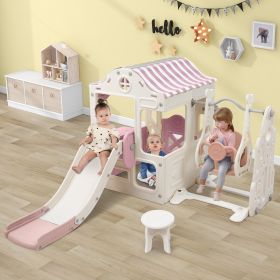 6 in 1 Toddler Slide and Swing Set, Kids Playground Climber Slide Playset with Fairy House, Freestanding Slide for Babies