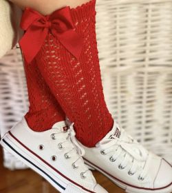 Children's Solid Color Mesh Bow Mid Length Socks With Removable Loops (Option: Red-M foot length12cm)