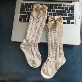 Children's Solid Color Mesh Bow Mid Length Socks With Removable Loops (Option: Shallow khaki-M foot length12cm)