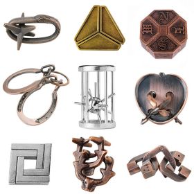 Zinc Alloy Intellectual Looping-off Unlock Suit Chinese String Puzzle Intelligence Knot Burr Puzzle Gold (Option: Alloy 9 Piece Set A Style)