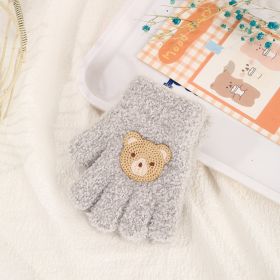 Children's Gloves Autumn And Winter New Warm Cold-proof Fleece Cute Cartoon Bear Five Fingers (Option: Gray-1 3 Years Old)