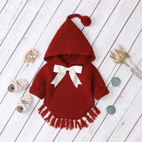 Baby Girl 1pcs Solid Color Big Bow Tie Patched Design Shawl Kniited Hoodies With Hat (Size/Age: 80 (9-12M))