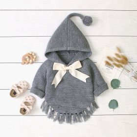 Baby Girl 1pcs Solid Color Big Bow Tie Patched Design Shawl Kniited Hoodies With Hat (Size/Age: 100 (2-3Y))