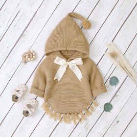 Baby Girl 1pcs Solid Color Big Bow Tie Patched Design Shawl Kniited Hoodies With Hat (Size/Age: 90 (12-24M))