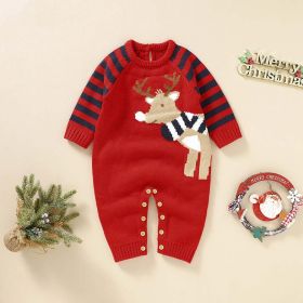 Baby Cartoon Elk Graphic Side Striped Sleeve Knitted Romper (Size/Age: 80 (9-12M))