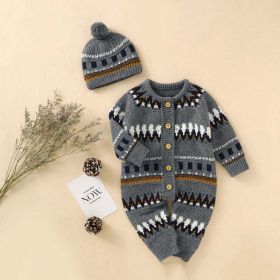 Baby Embroidered Pattern Contrast Design Vintage Style Warm Knitting Romper With Hat (Size/Age: 73 (6-9M))