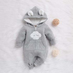 Baby Cartoon Cloud Pattern Zipper Front Solid Color Fleece Rompers With Hat (Size/Age: 100 (2-3Y))
