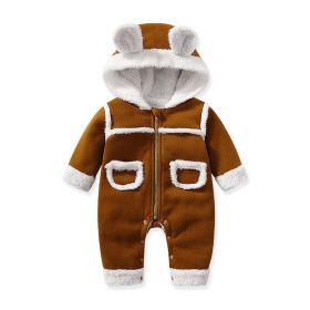 Baby Cute Long Sleeve Design Solid Color Thicken Warm Rompers With Hat (Size/Age: 90 (12-24M))