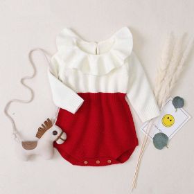 Baby Girl Contrast Graphic Ruffle Neck Design Long Sleeve Knitted Onesies (Size/Age: 90 (12-24M))