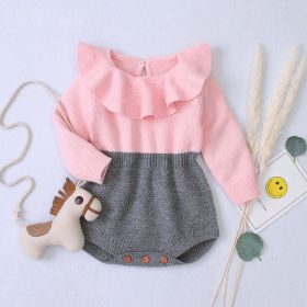 Baby Girl Contrast Graphic Ruffle Neck Design Long Sleeve Knitted Onesies (Size/Age: 80 (9-12M))