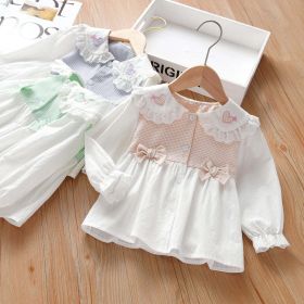 Baby Girl Plaid Patchwork Pattern Mesh Doll Neck Bow Patched Sweet Blouse (Size/Age: 130 (7-8Y))