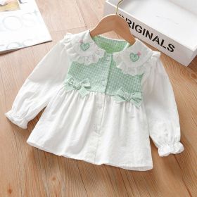 Baby Girl Plaid Patchwork Pattern Mesh Doll Neck Bow Patched Sweet Blouse (Size/Age: 140 (8-10Y))