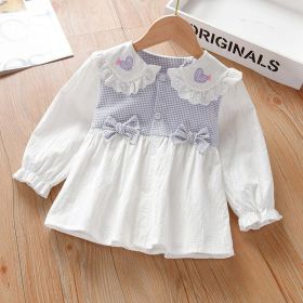 Baby Girl Plaid Patchwork Pattern Mesh Doll Neck Bow Patched Sweet Blouse (Size/Age: 100 (2-3Y))