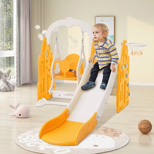 Toddler Slide and Swing Set 4 in 1,Kids Playground Climber Slide Playset with Basketball Hoop,Rocket Themed Slide, Freestanding Combination for Babies