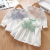 Baby Girl Plaid Patchwork Pattern Mesh Doll Neck Bow Patched Sweet Blouse