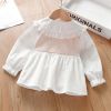 Baby Girl Plaid Patchwork Pattern Mesh Doll Neck Bow Patched Sweet Blouse