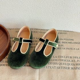 Autumn And Winter Sweet Velvet Children's Leather Shoes T-shaped Pumps Retro (Option: Olive Green-31 Yards)