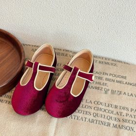 Autumn And Winter Sweet Velvet Children's Leather Shoes T-shaped Pumps Retro (Option: Red-Size 29)