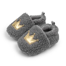 Plush Warm With Velvet Soft Bottom Crown Toddler Shoes (Option: Dark Gray-13cm)