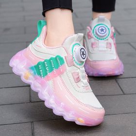 Girls' Sports Rotating Buckle Fleece-lined Running Shoes (Option: Pink Leather-32)
